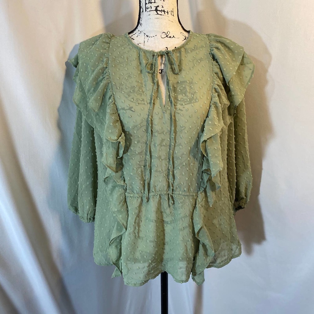 New York & Company Crew Neck Keyhole Front Green Blouse Sz L